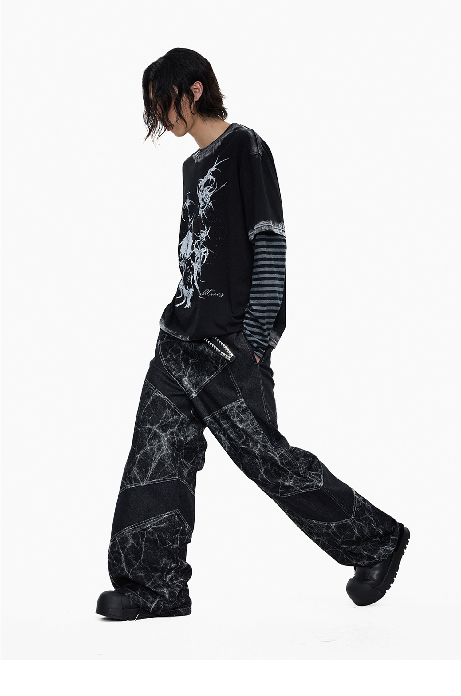 Lightinus Spider Web Stitching Wide-leg Jeans