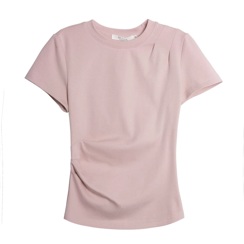 XUJING Pleated Front Shoulder Slim and Thin Tee