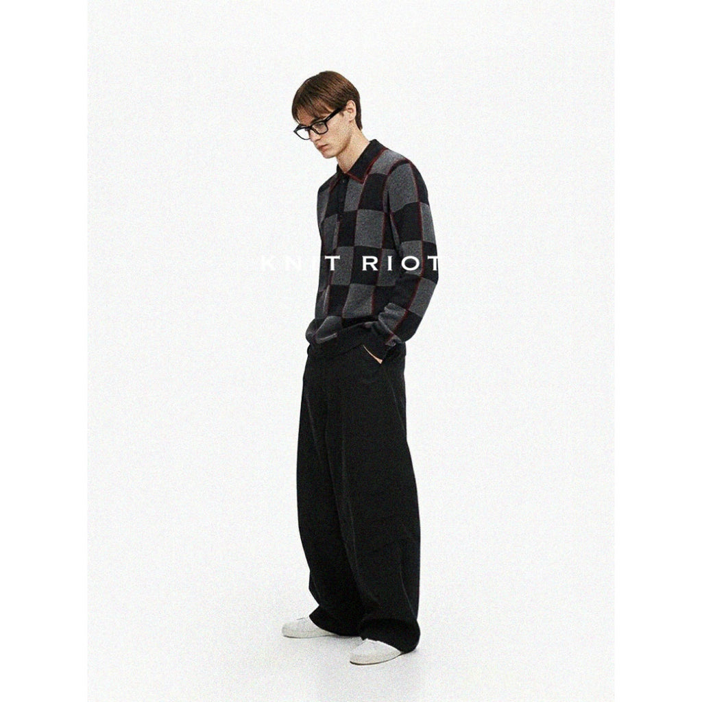 KNITRIOT Lapel Checkerboard Polo Collar Long-sleeved Knitted Sweater