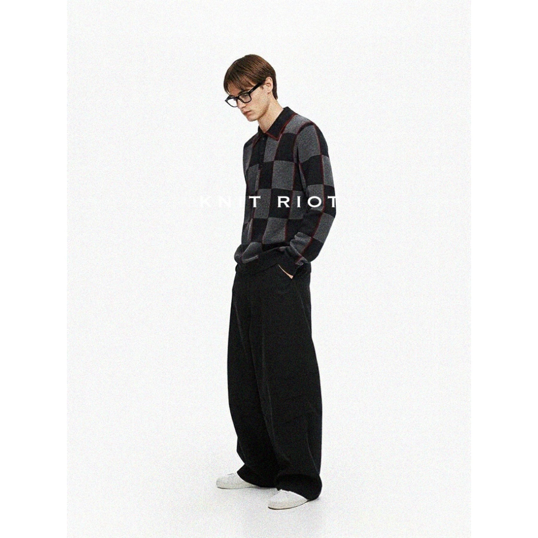 KNITRIOT Lapel Checkerboard Polo Collar Long-sleeved Knitted Sweater