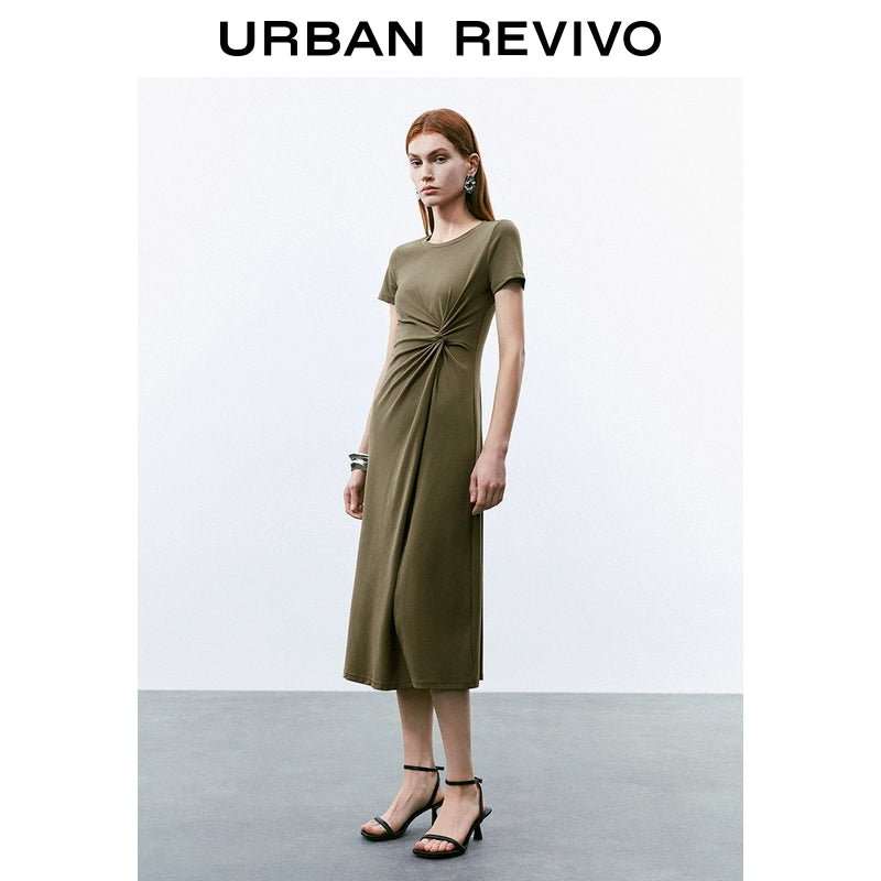 URBAN REVIVO Pleated Slit Slim Short Sleeve Dress