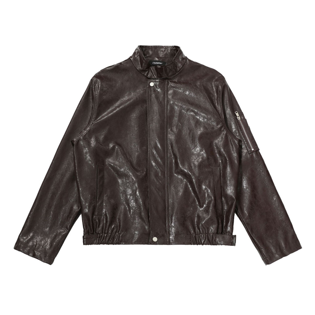 CHANYOOU Vintage Stand-up Collar Leather Jacket