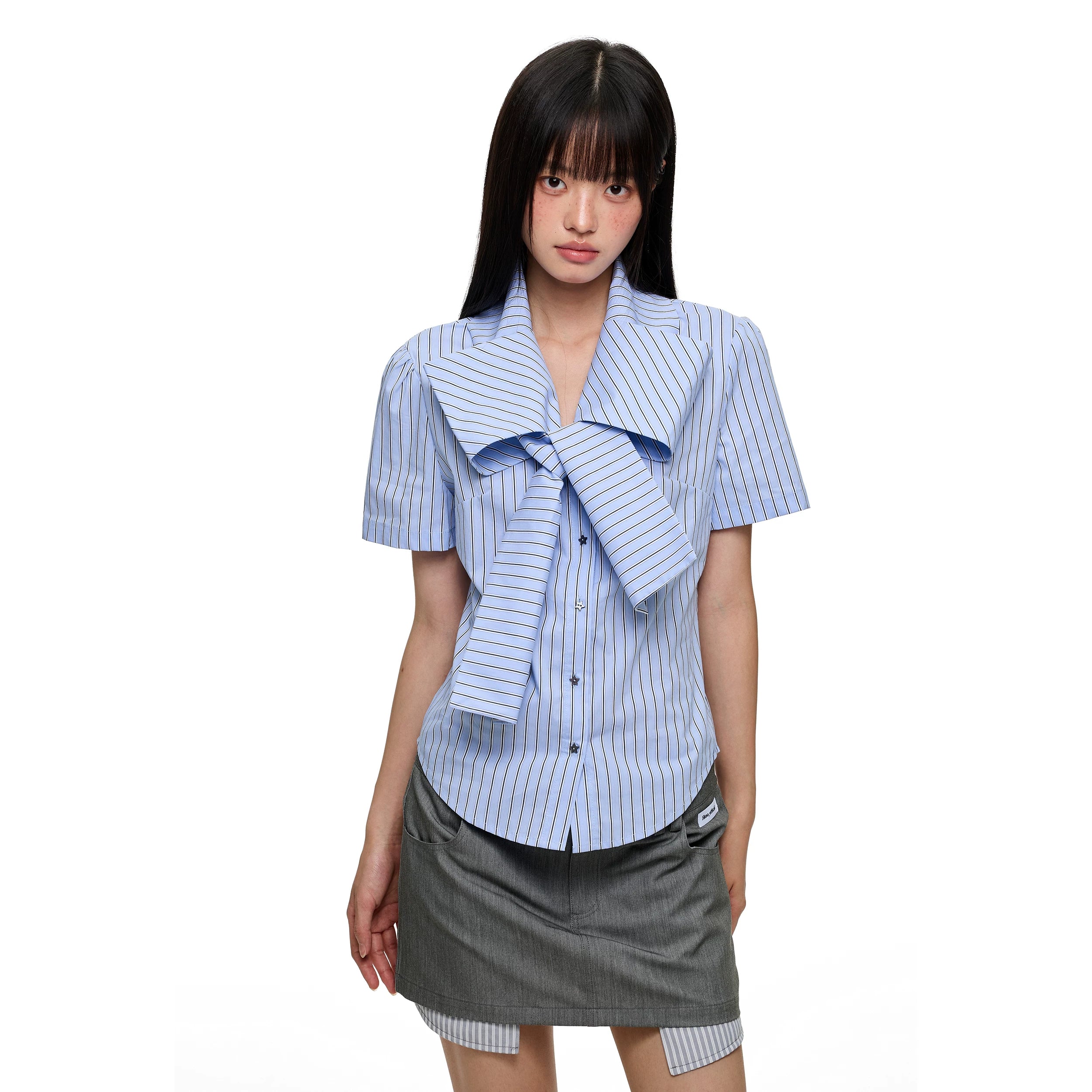 JIKOO Bow Hot Diamond Vertical Stripe Slim Fit Skinny Shirt