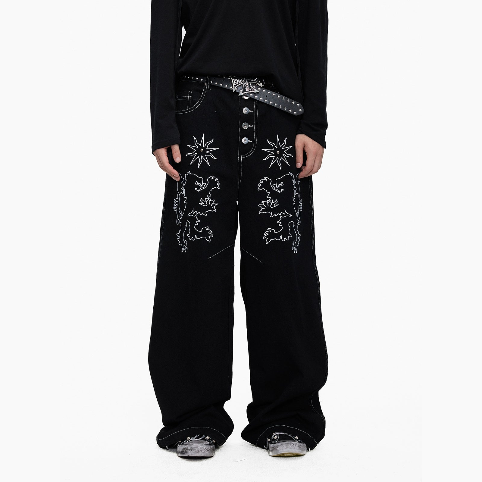 Lightinus Embroidered Breasted Wide-leg Jeans