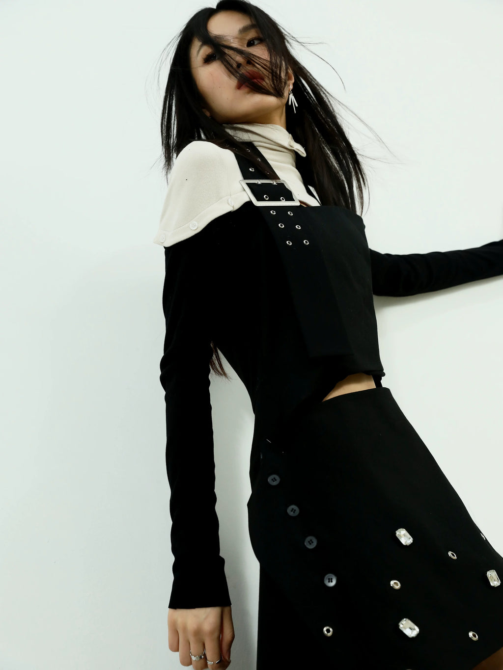 JNYLON Bright Diamond Rivets Two Wear Neck Irregular Skirt