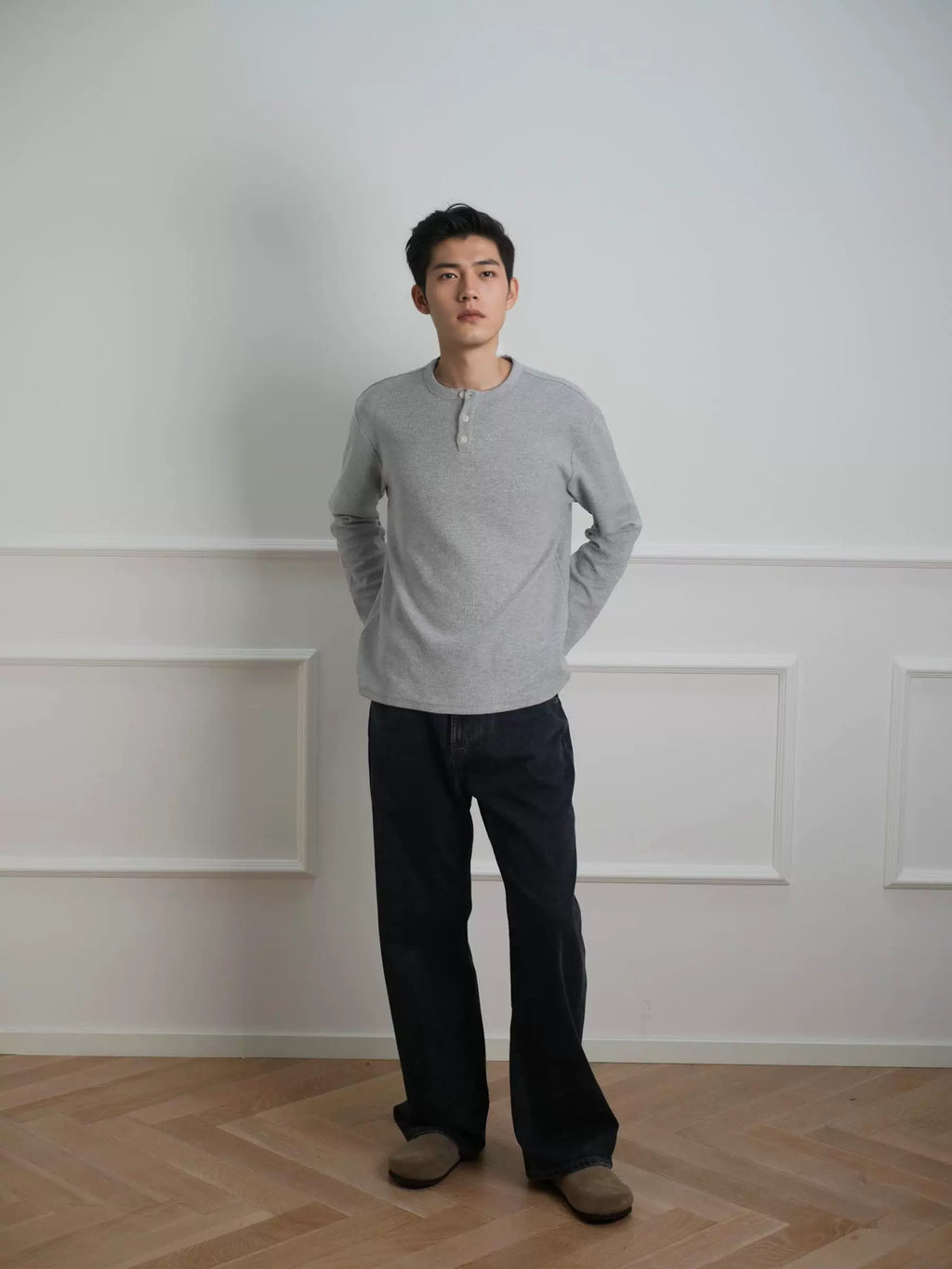 NO LOGO Waffle Henry Collar Slim Bottom Long Sleeve