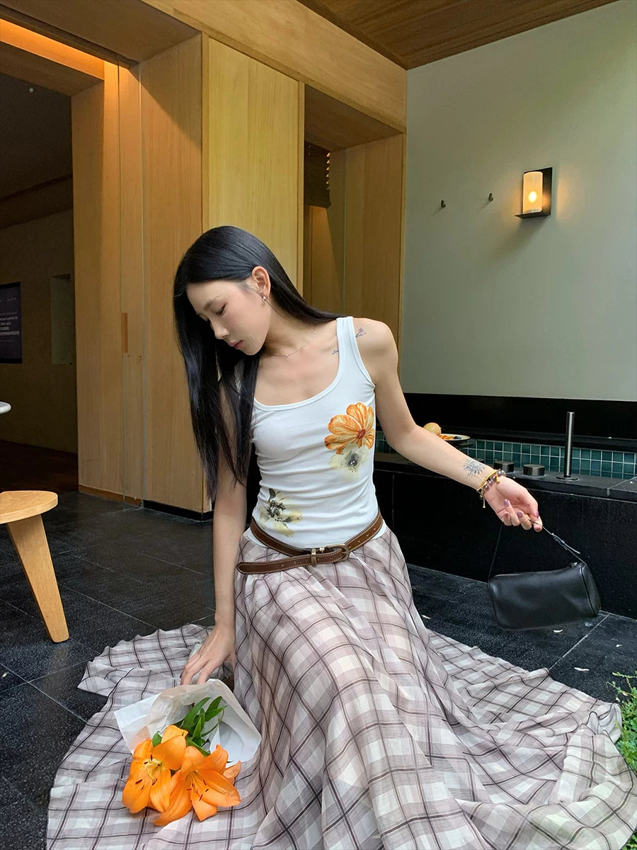 YOUNG KYLIN Plaid Irregular Skirt Temperament Loose Tulle Skirt