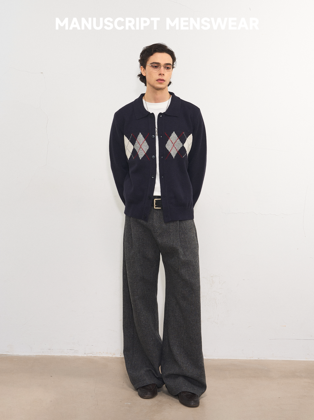 MANUSCRIPT Herringbone Straight Casual Woolen Trousers