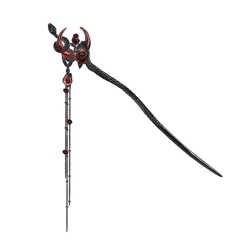 MASW Snake Dance Series Dark Blood Moon Rose Hairpin Shaker Tassel Hair Accessories