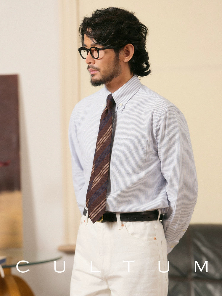 CULTUM Washed Oxford Spun Button-Neck Striped Shirt