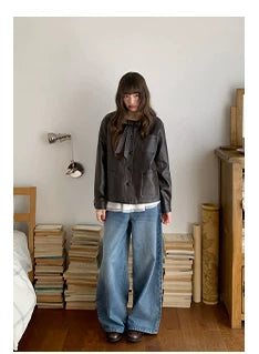 Kano Bow-embellished Small Crew Neck Leather Jacket