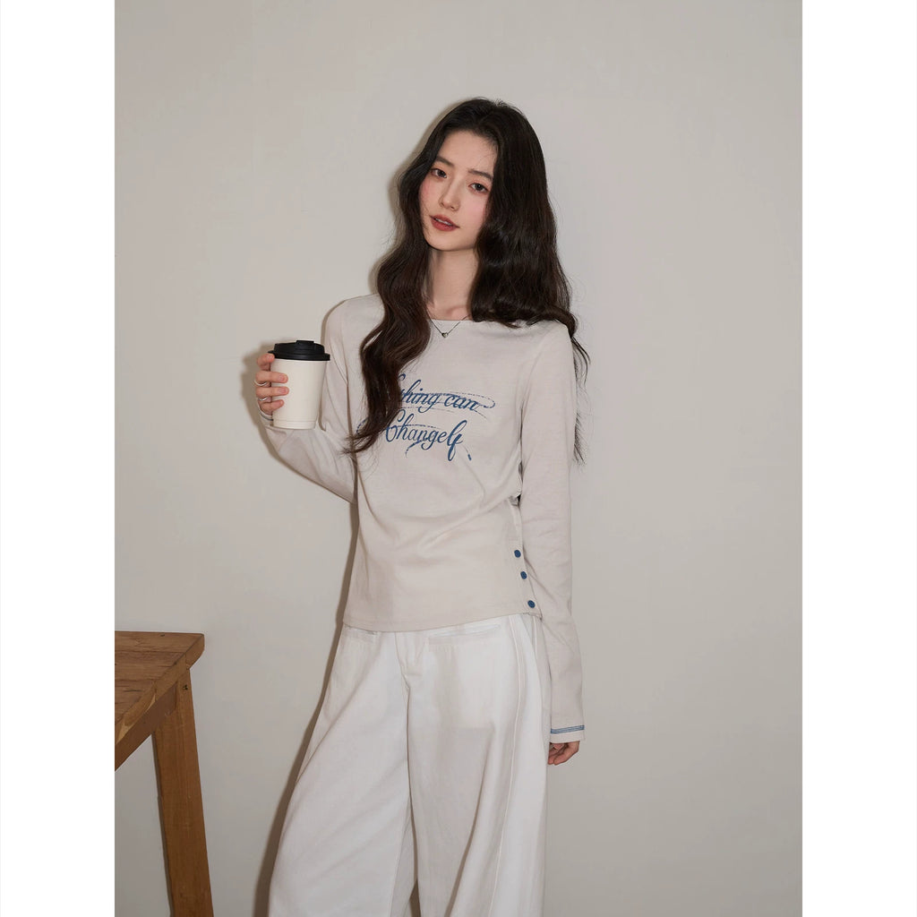 XUJING Crew Neck Letter Print Front Shoulder Slim Sleeve Long Sleeve