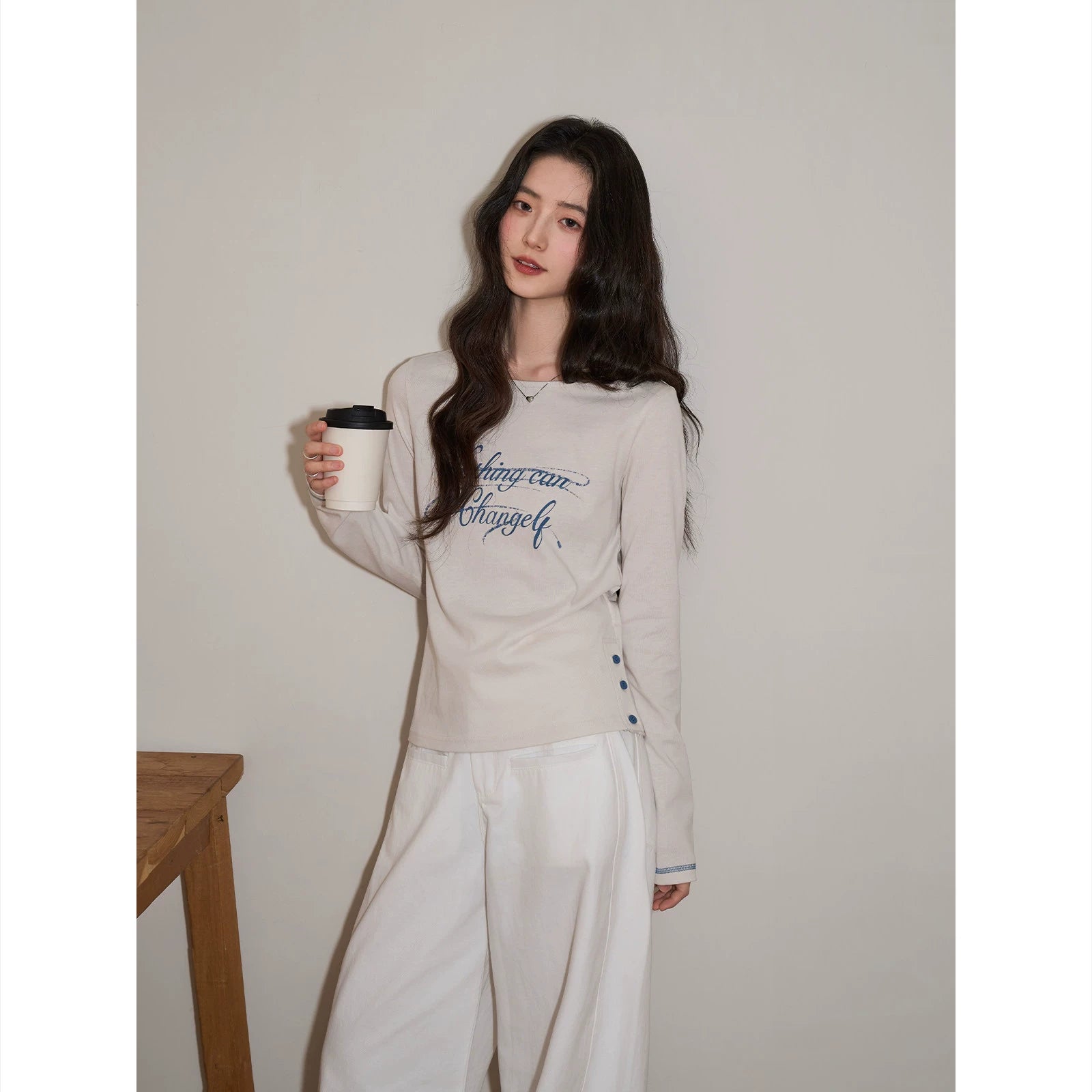 XUJING Crew Neck Letter Print Front Shoulder Slim Sleeve Long Sleeve