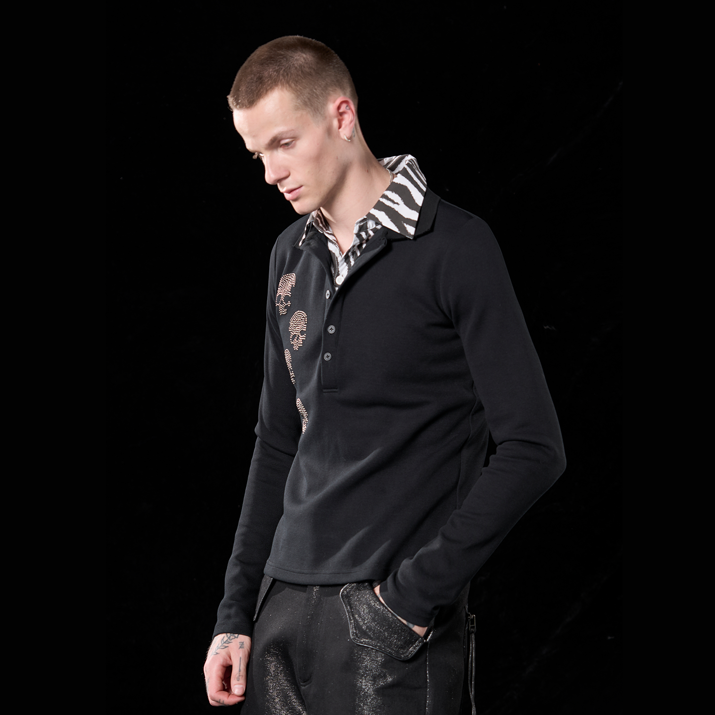 No E Mosen Double Collar Striped Skull Hot Beads Slim Fit Thin Long Sleeves
