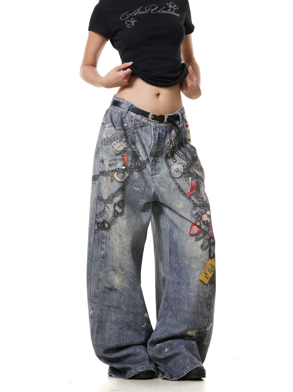 BTSG "Washed and old splashed ink 3D digital printing chain jeans"