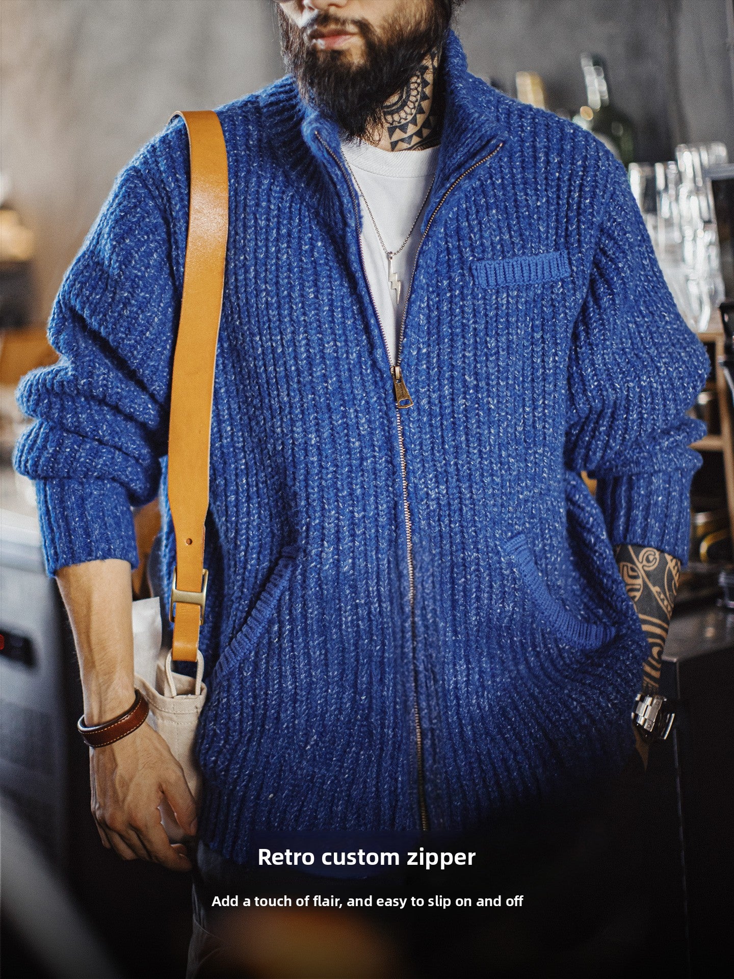 Maden Ice Blue Cardigan Thickened Sweater High Neck Warm Knitted Sweater