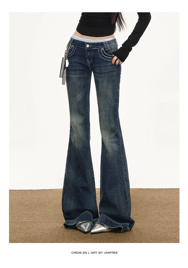 UNIFREE Slightly Pulled Old Low-rise Slim-fit Jeans