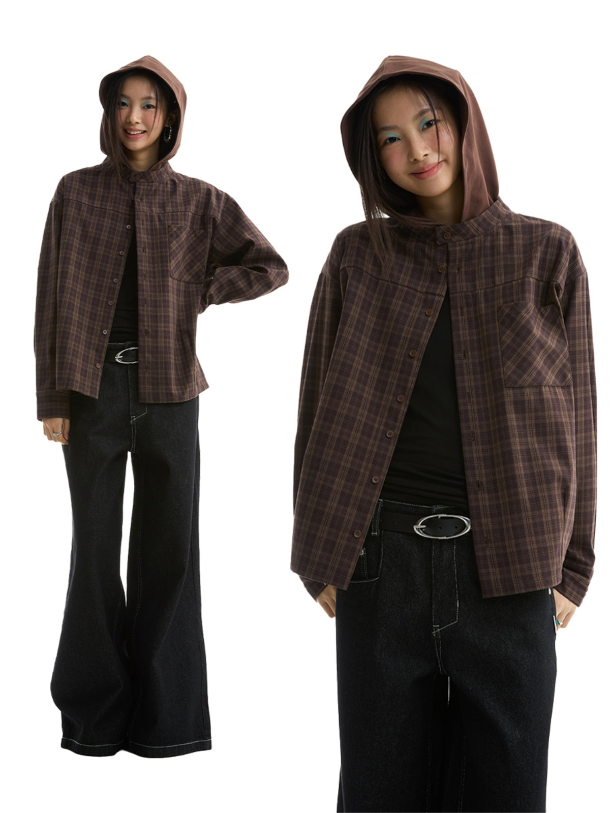 FUNKYFUN Plaid Fake Two-piece Hooded Shirt Jacket