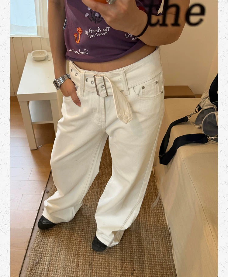 CCYE Medium and Low Waist Straight Versatile Belt Design Jeans
