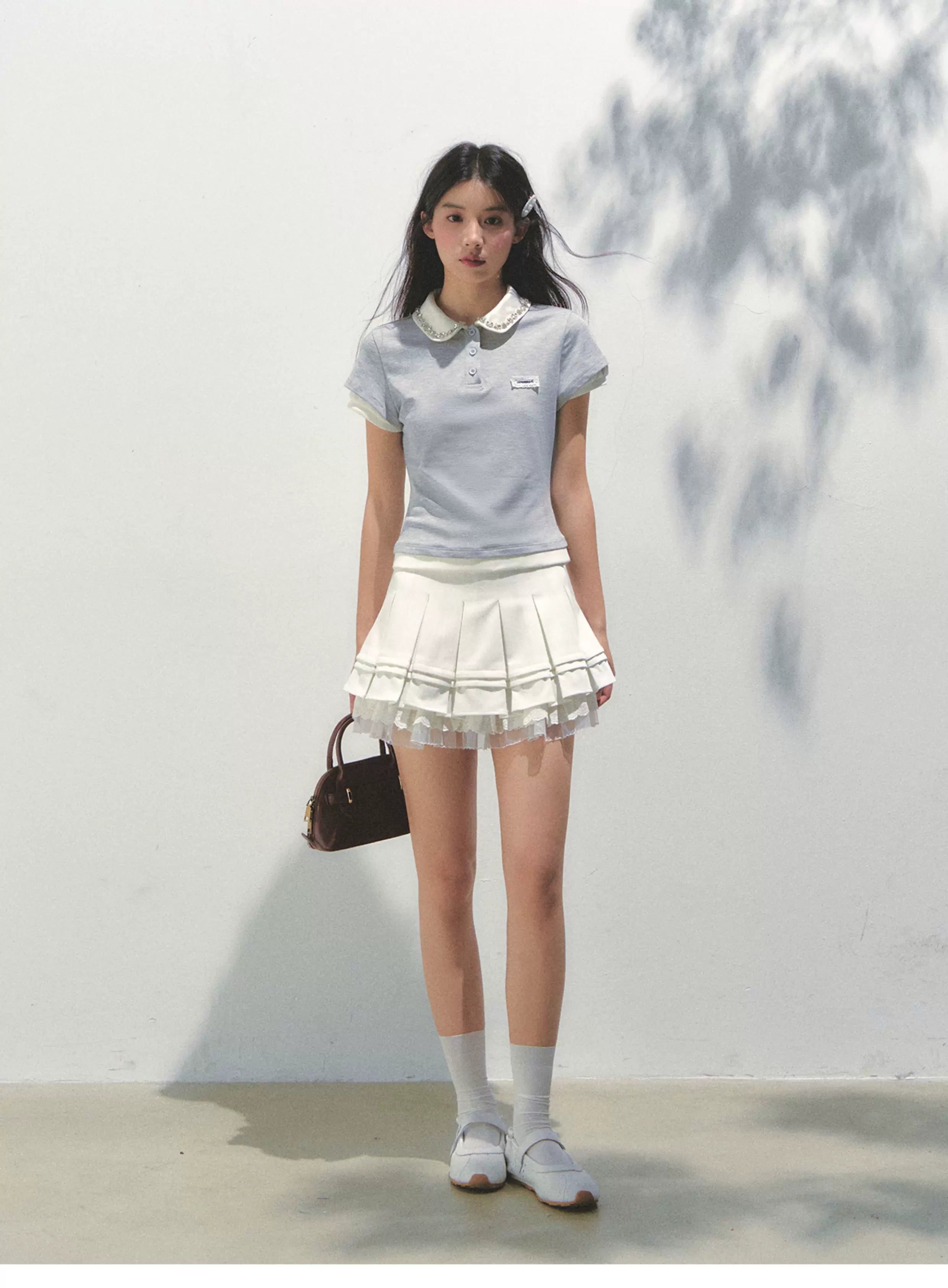 SunsetPark Splicing Fake Two-piece Polo Rhinestone Collar Tee