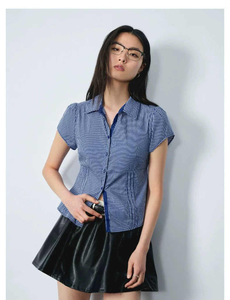 URBAN REVIVO Casual Contrast Checked Lace-Up Open Shirt