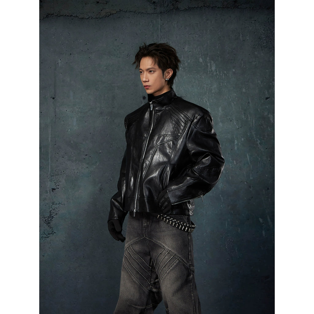NUndefined Leather Jacket Stand-up Collar Motorcycle Jacket Zipper Jacket