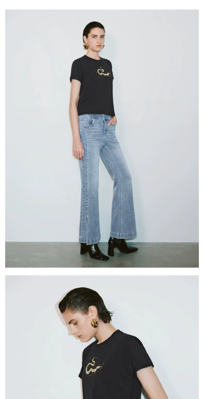 URBAN REVIVO Fun Casual Embroidery Curled Short Sleeve Tee