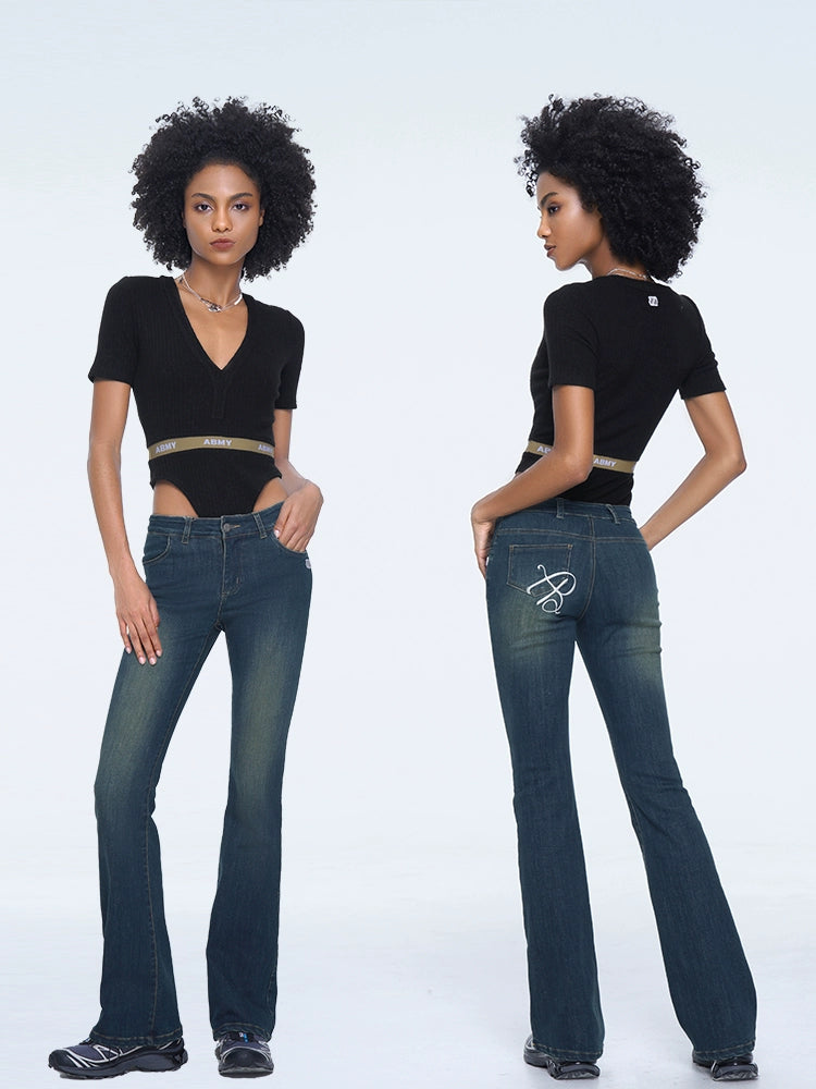 ABMY Embroidered Low-rise Micro-pull Pants Slim-fitting Jeans