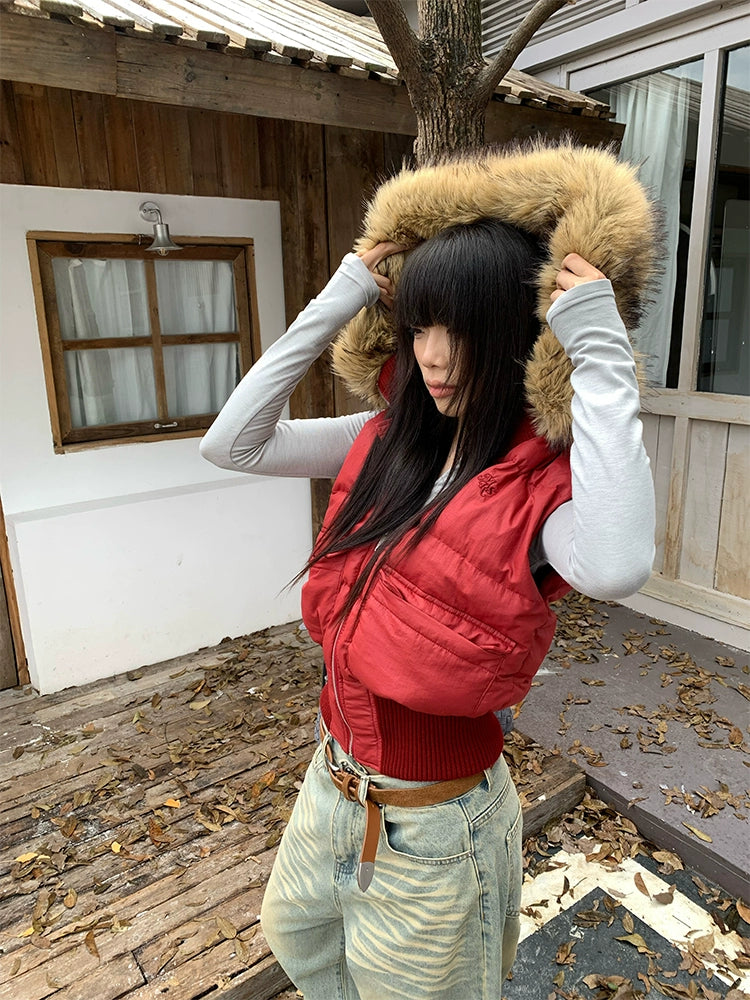 EAHO Removable Fur Collar Cotton Vest