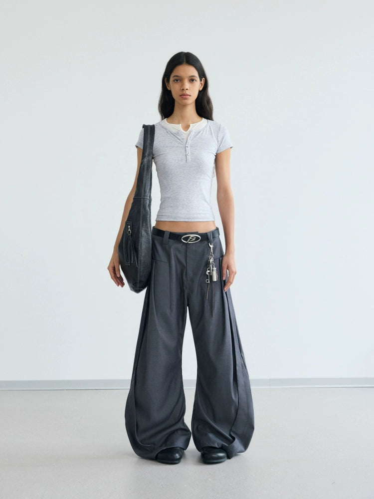 PEOPLESENSE Henry Collar Fake Two-piece Stacked Slim-fit Short Tee