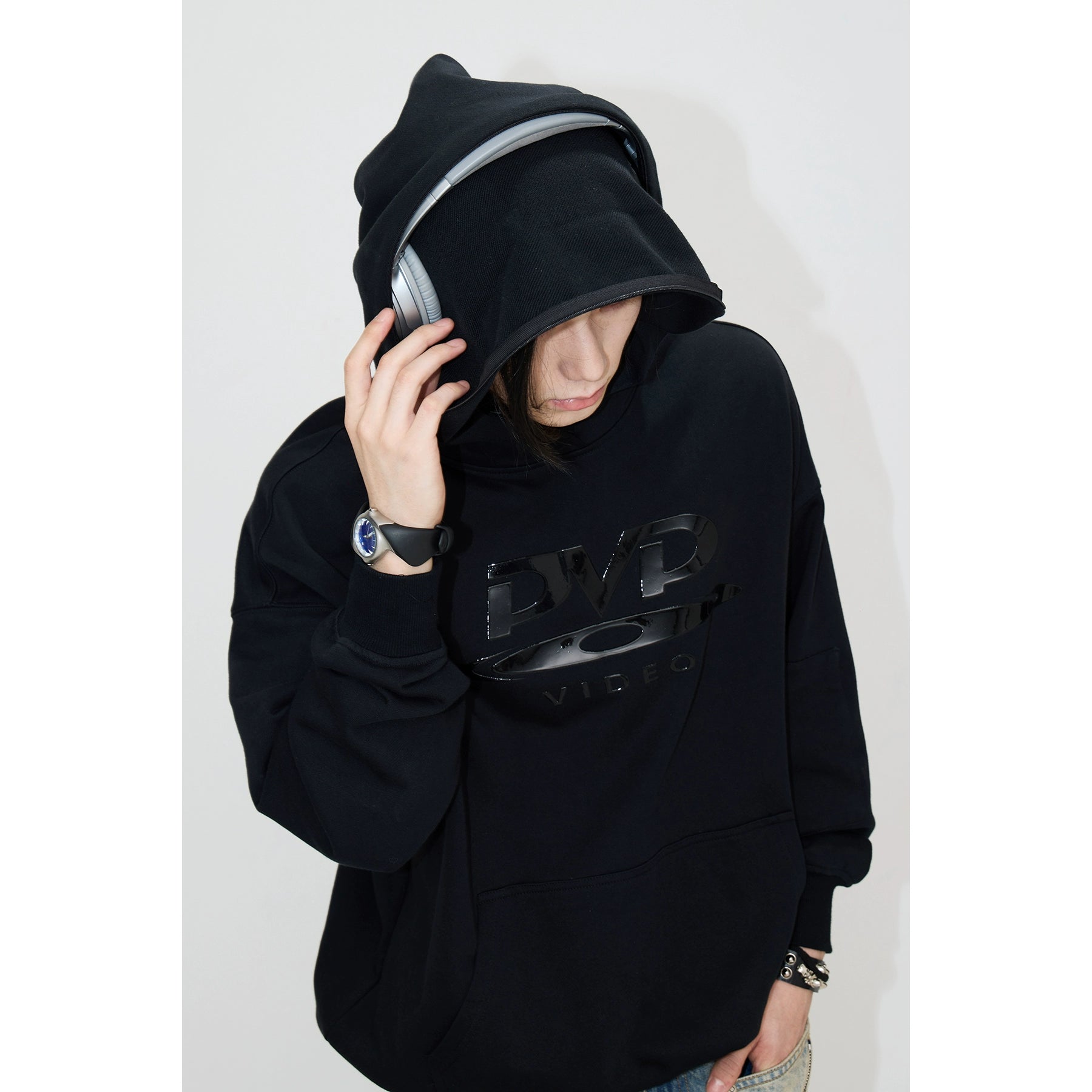 PEOPLESTYLE "DVD" Silicone Print Hidden Zipper Structure Hooded Sweater