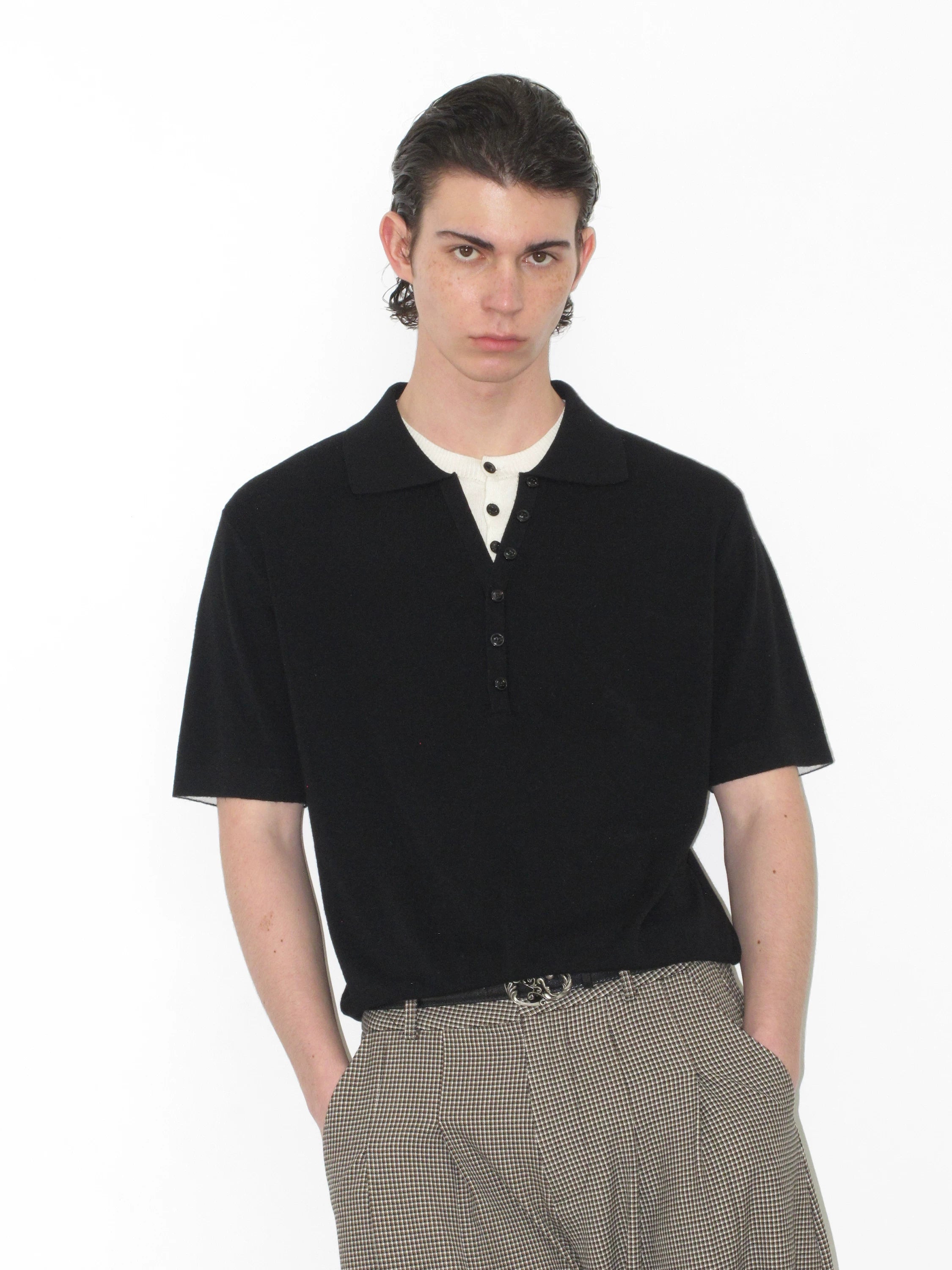 NOT UGLY Soft Wool High-Density Overlapping Collar Contrast Casual Polo Short-Sleeve