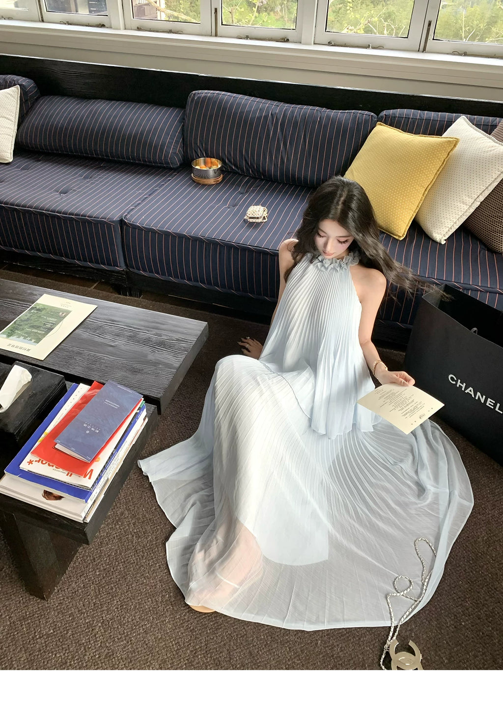 BarbChill Pleated Chiffon Neck Top Long Skirt Set