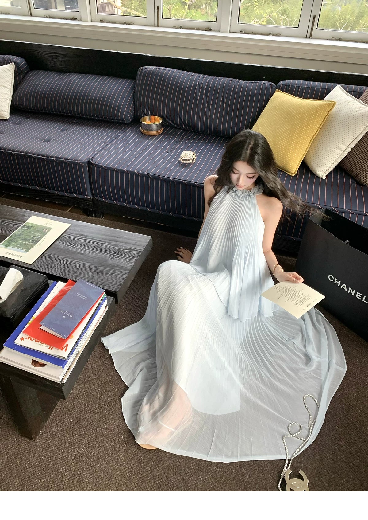 BarbChill Pleated Chiffon Neck Top Long Skirt Set