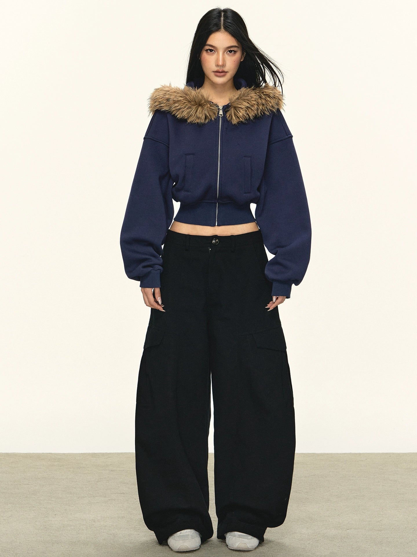 Anna Aneae Hooded Zip Fur Collar Slim Fit Short Jacket