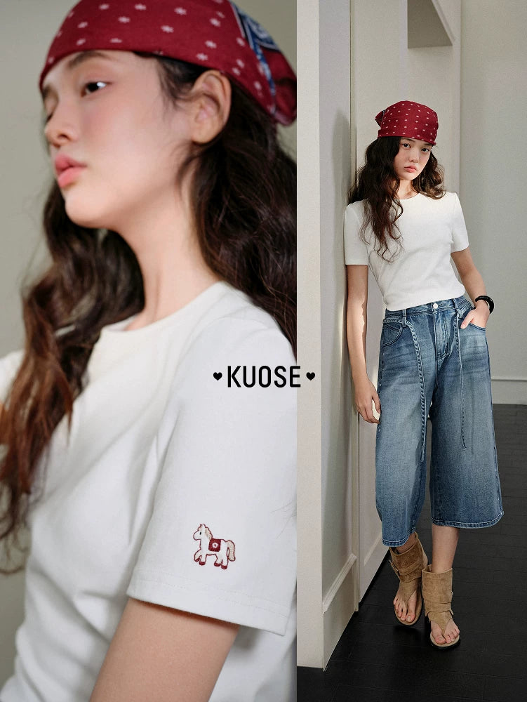Kuose Crew Neck Embroidered Short Knitted Tee
