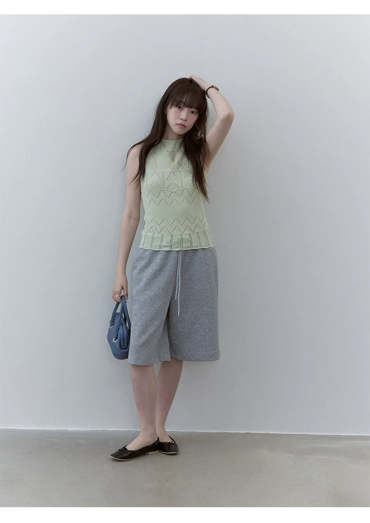 VOOE Crew Neck Hollow Jacquard Knitted Skinny Vest