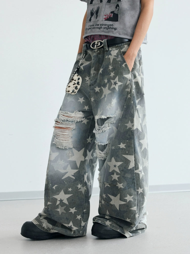 PEOPLESENSE Spray Horse Liu Star Pattern Old Ripped Scimitar Pants