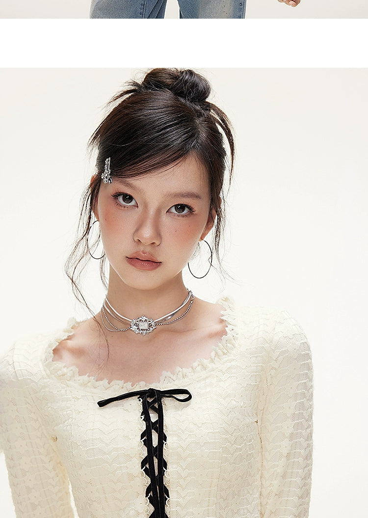 IMONE Velvet Strap Lace Square Collar Long Sleeve