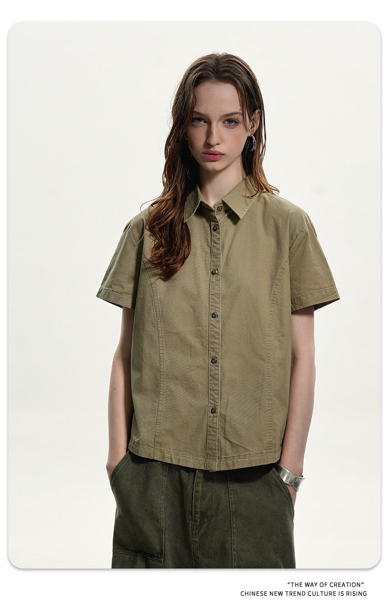 11KN Vintage Simple Loose Casual Lapel Shoulder Shirt