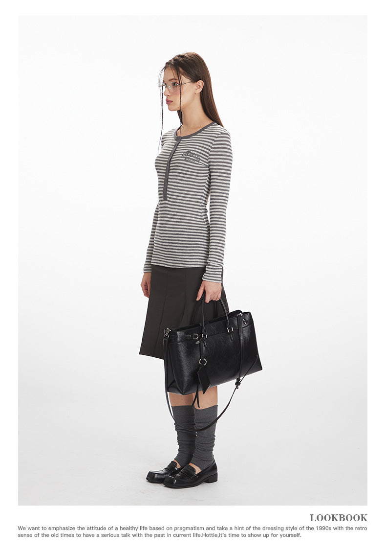 Nariele Henry Collar Slim Skinny Striped Long Sleeves