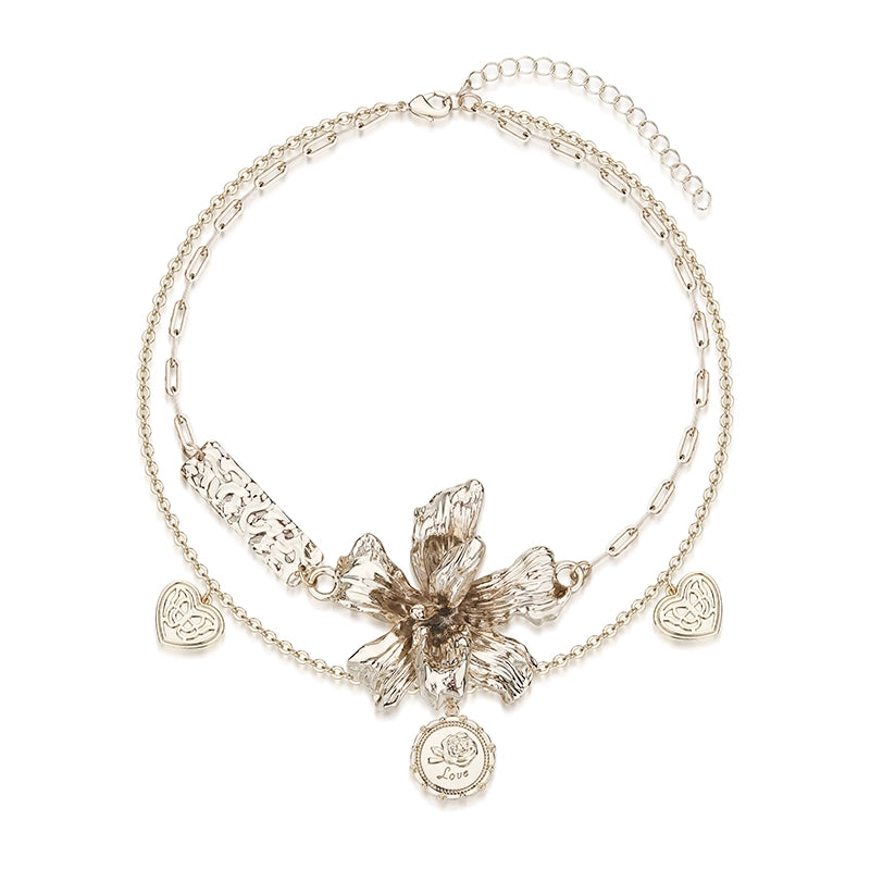 1JINN Retro Metal Three-dimensional Flower Double-layer Clavicle Chain