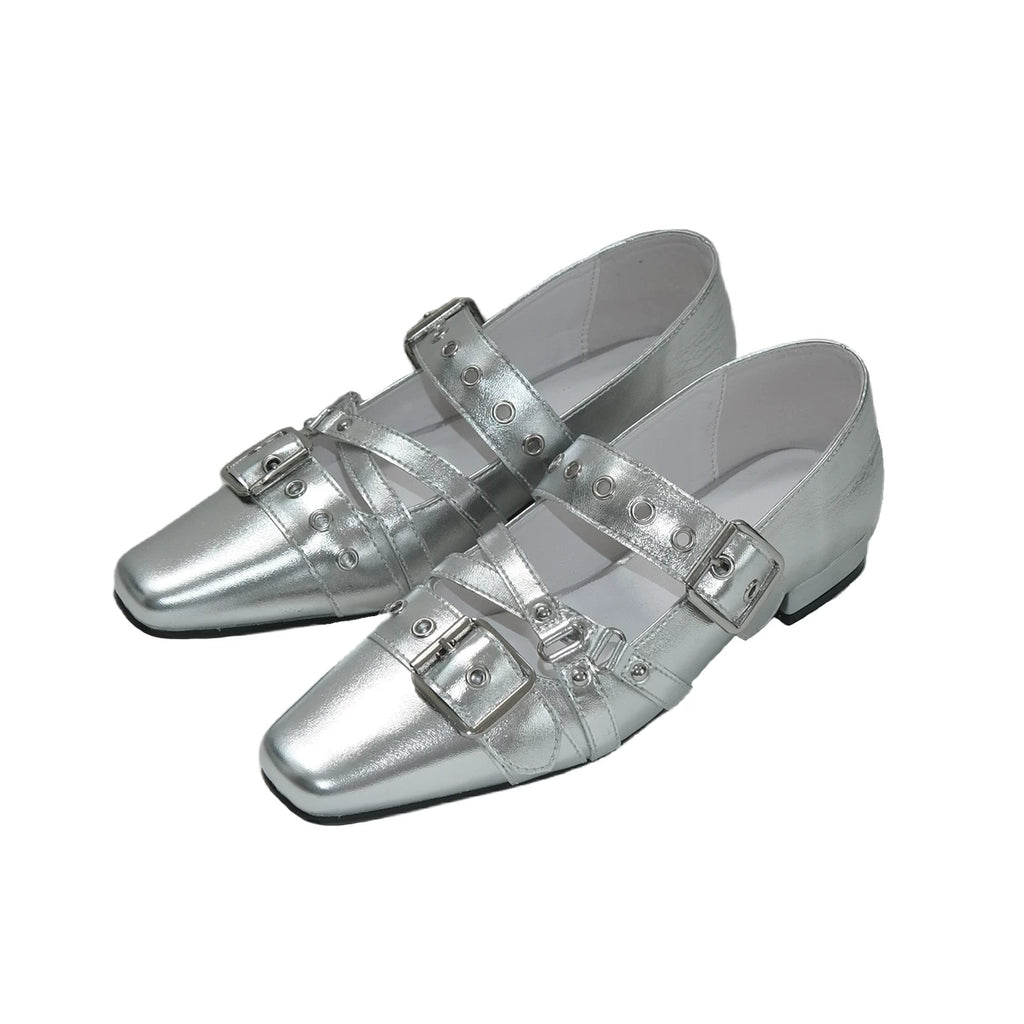 Mooreyu Vintage Leather Small Square Head Rivet Flats