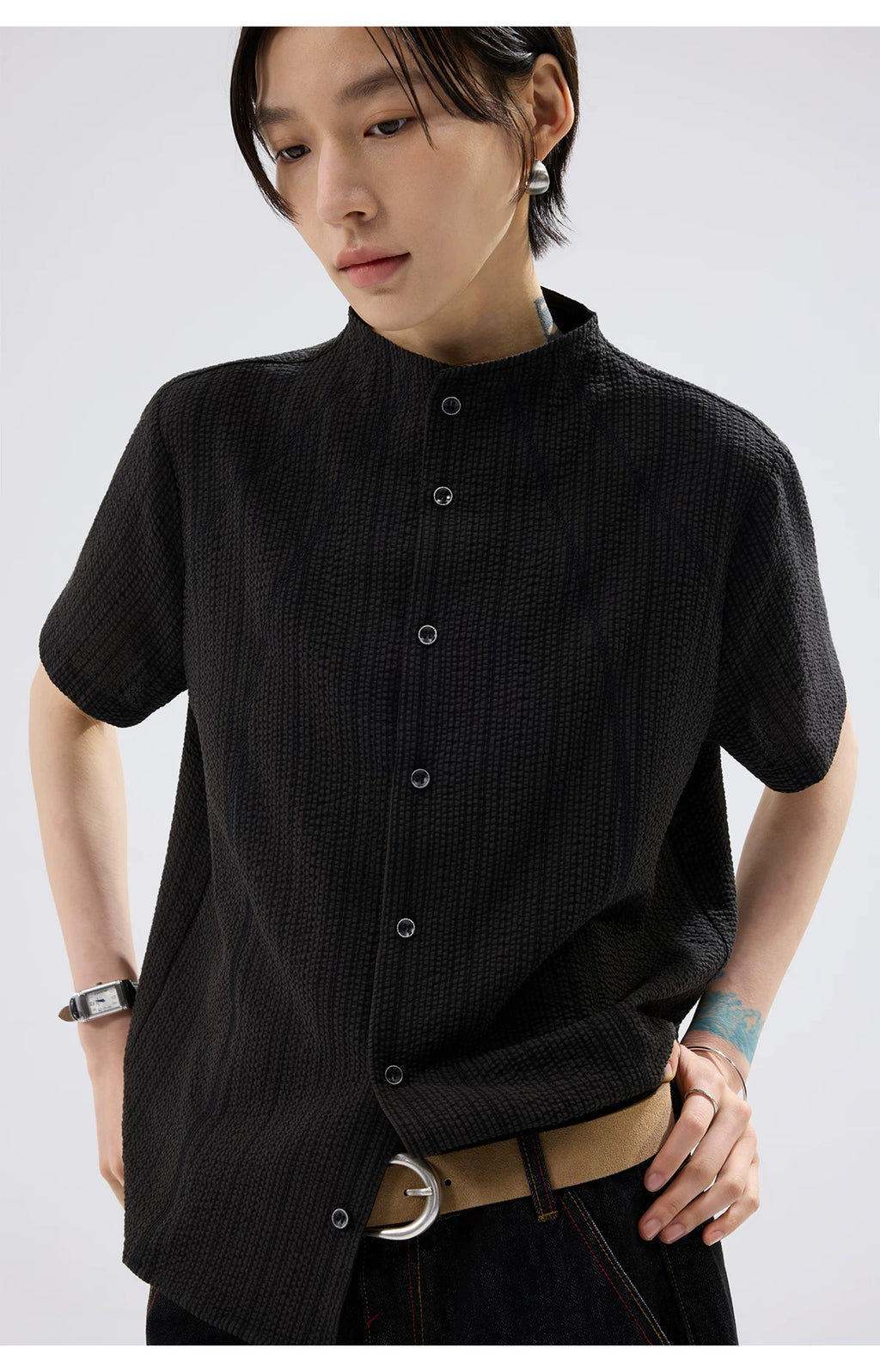 Sameuoo Small Stand-collar Striped Short-sleeve Shirt