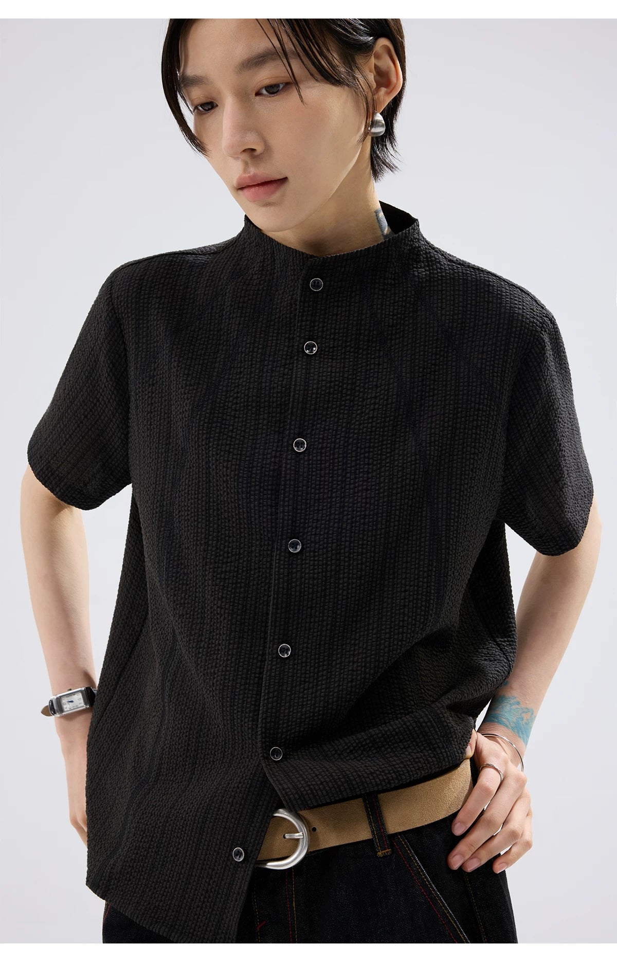 Sameuoo Small Stand-collar Striped Short-sleeve Shirt