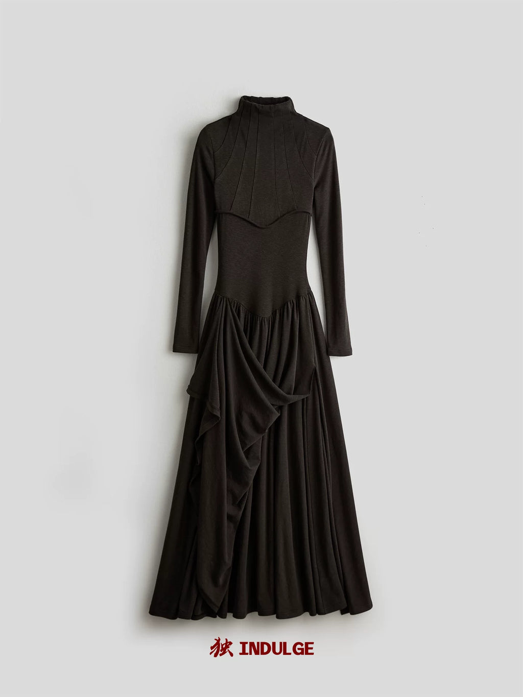INDULGE Irregular Stand-up Neck Knitted Waist Dress