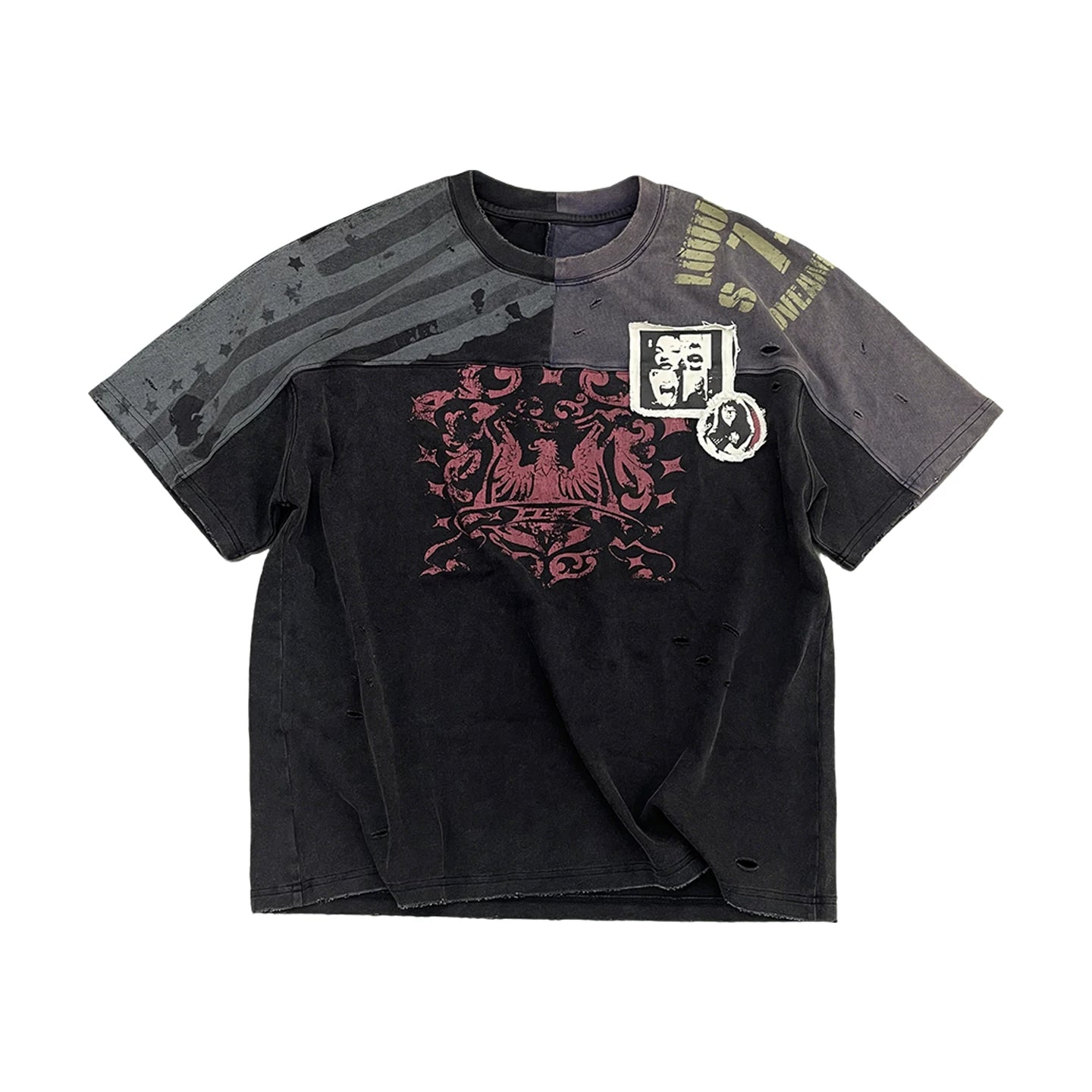 Luuucam Retro Splicing Patch Printing Loose Tee
