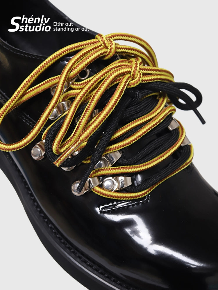 SHENLV STUDIO Patent Leather Glossy Contrasting Multi-lace Platform Leather Shoes