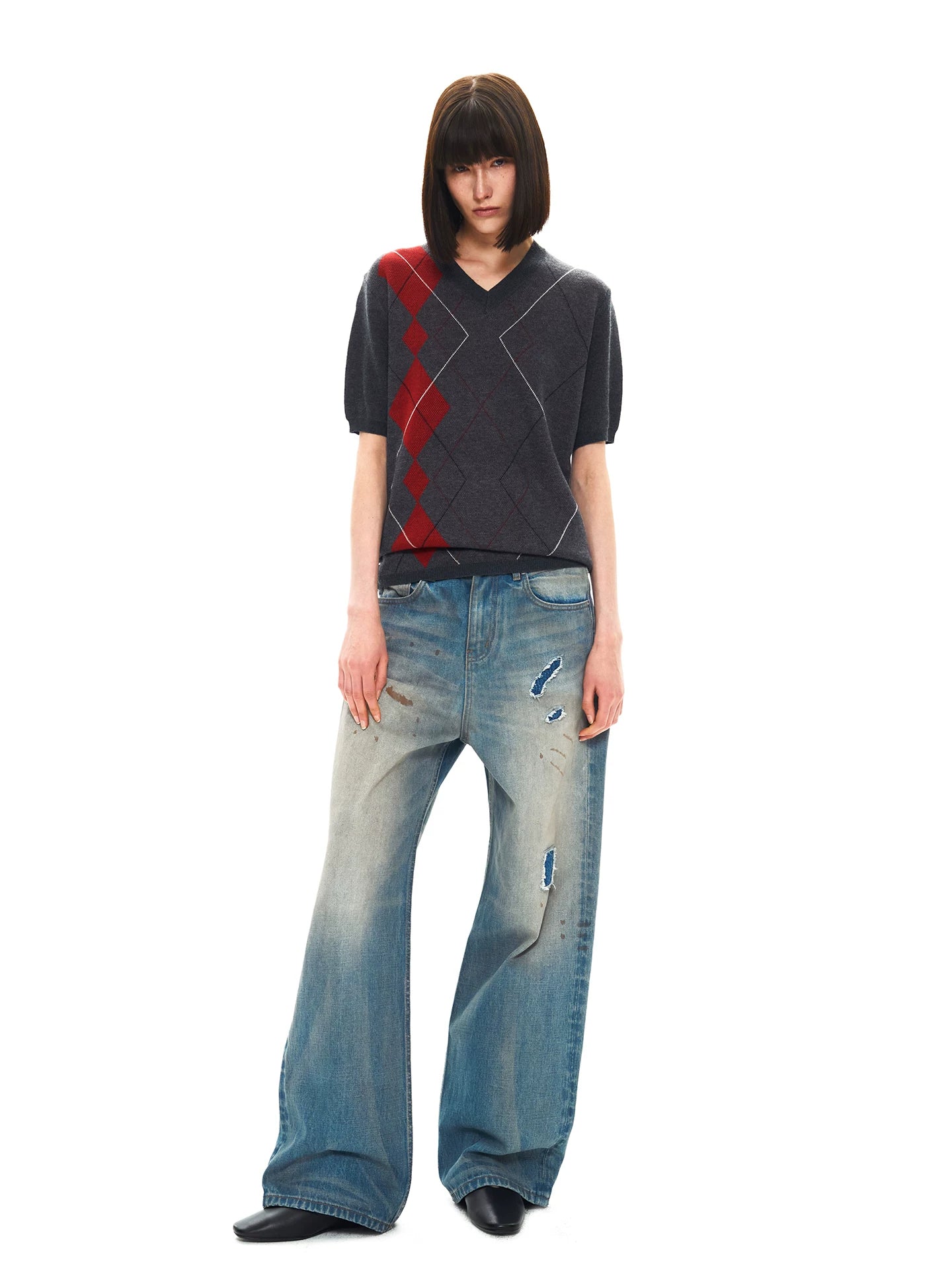 Slight Vogue Ripped Splicing Old Spray Embroidered Straight Jeans