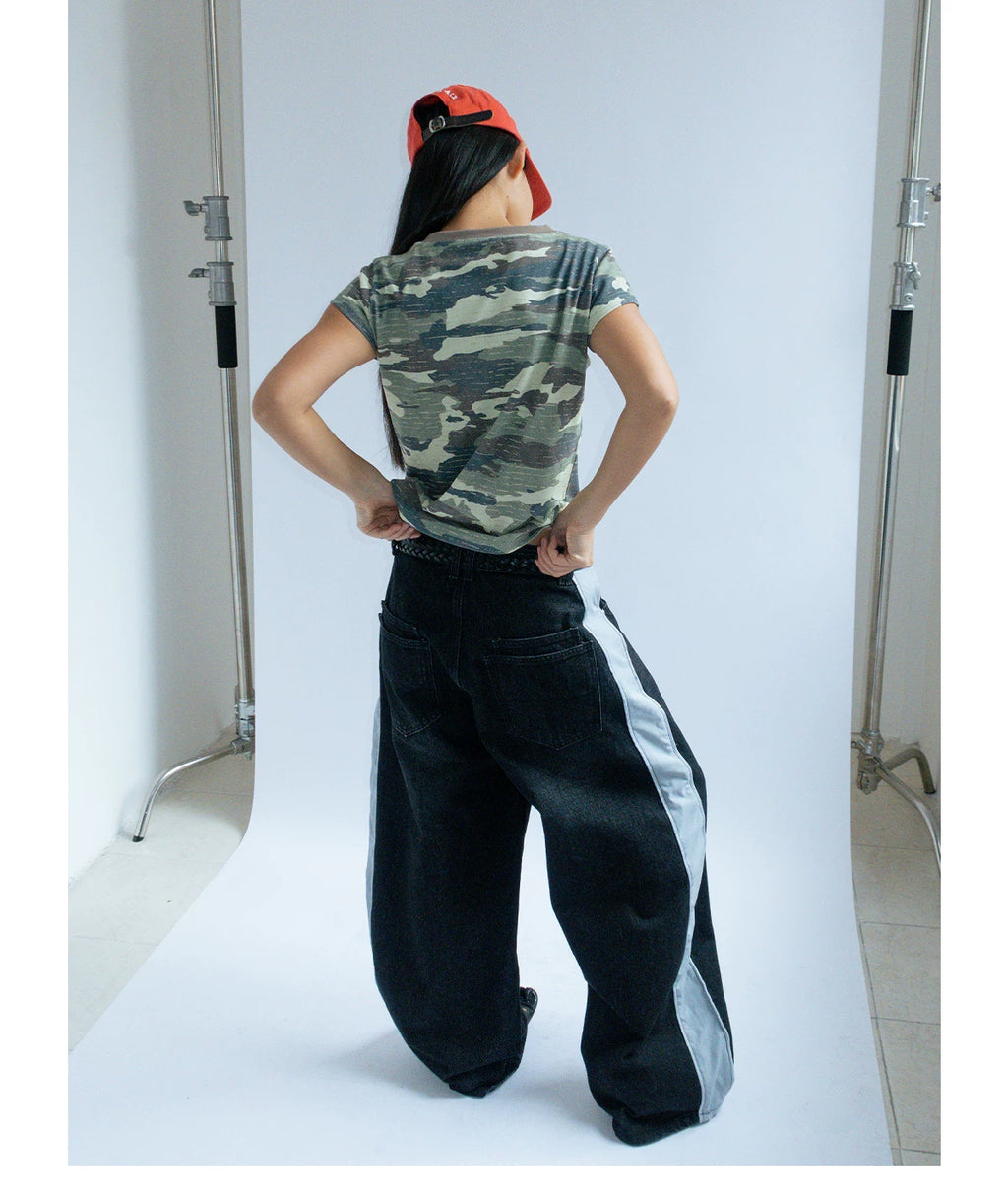FUNKYFUN Camouflage V-neck Straight Shoulders Slim Short Tee